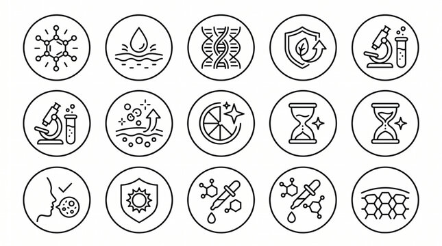 Black line icons depict various science and technology symbols on white background