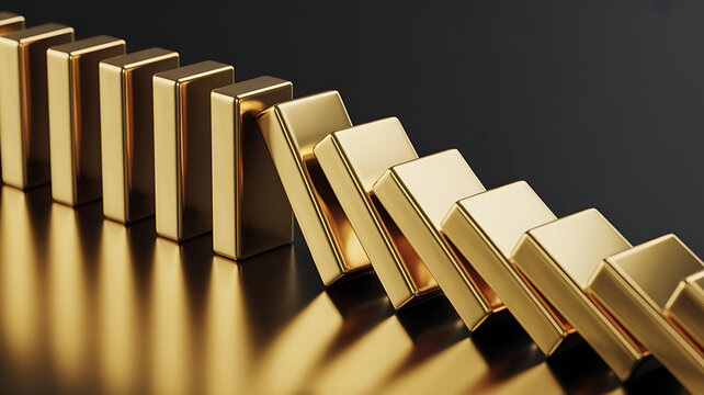 Gold bars falling like dominoes on a black background. Concept of chain reaction and financial instability with falling gold bars arranged like dominoes on a black background.

