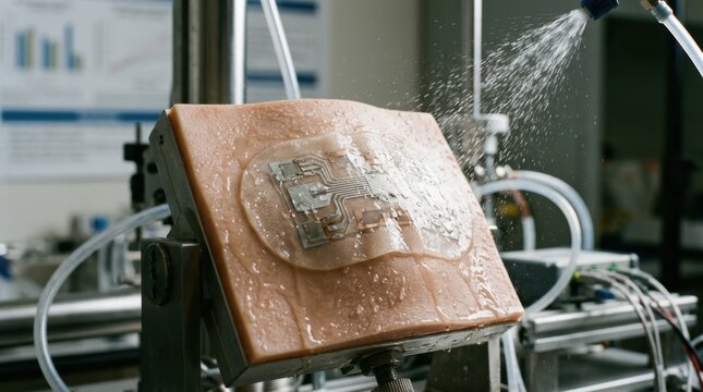 Medium shot of a waterproof cardiac patch being tested under water droplets showcasing durable yet flexible sensor integration on breathable materials ideal for active wet
