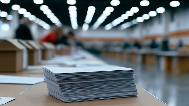 Awesome photo of stack of White Envelopes on Table in Blurred Office or Polling Station.