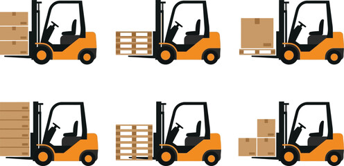 Set of flat design forklift illustrations depicting various material handling operations with boxes and pallets ideal for logistics and warehouse concepts © Hafizbro