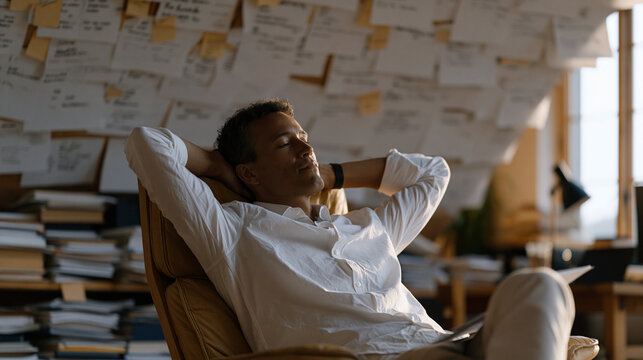 Founder leans back in an old office chair in a cluttered garage workspace, staring at a ceiling covered in pinned cky notes representing customer feedback themes, the aftermath moment of synthesizin