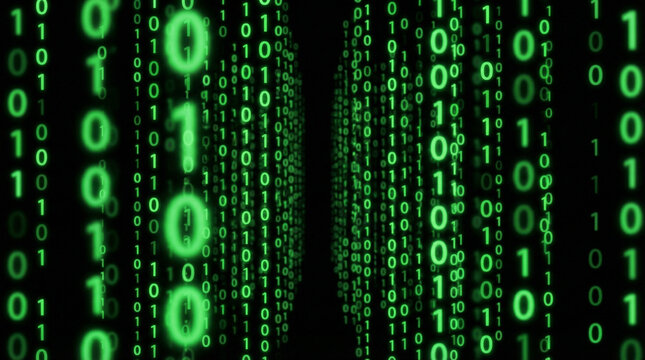 Binary Code Rain Green Matrix Digital. Cascading binary numbers in green on black background creating depth illusion