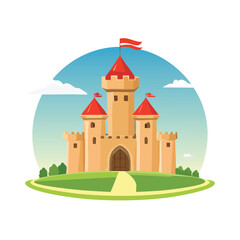 Naklejka premium Cartoon castle illustration fortress with red flags against a sky