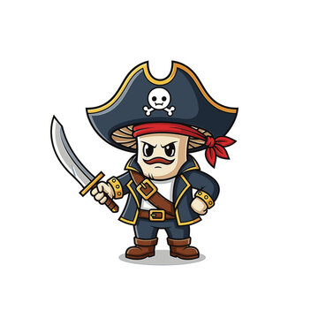 Vector illustration of a cartoon mushroom pirate mascot character wearing a classic tri-corn hat, eyepatch, and holding a cutlass sword, isolated on white background.