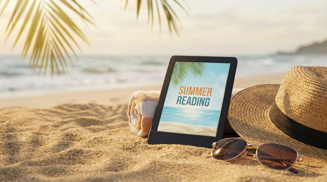 E-Reader Device Beach Sand Summer Reading. Digital e-reader resting on warm beach sand with soft natural daylight, vacation mood