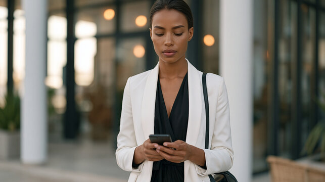 Female founder in professional attire stands outside a gl-fronted corporate office building after a meeting where her idea was dismissed, checking her phone for the customer interview notes that con