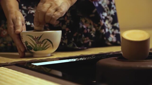 Elderly hands preparing traditional Japanese tea ceremony with matcha powder