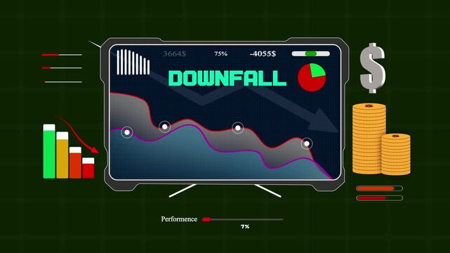 Downfall in business revenue on a digital monitor showing steep financial decline and negative market movement for annual corporate reports