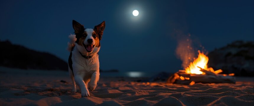 Cheerful pet frolicking on a soft sandy beach under a bright full moon and campfire glow