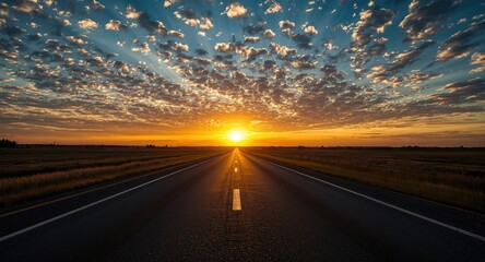 Fototapeta premium Asphalt road stretching under a glowing horizon with scattered clouds