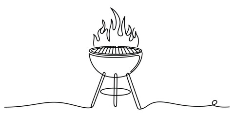 Continuous line drawing of a barbecue grill with fire © Monibala