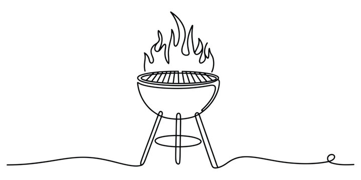 Continuous line drawing of a barbecue grill with fire