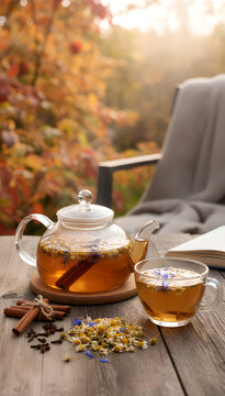 Healthy organic tea in teapot on wooden table.  vitamin tea for immunity. flower tea. cup of autumn tea. warming drink in autumn. atmospheric tea drinking in the garden