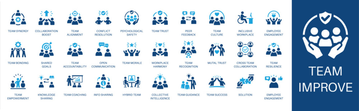 Team improvement solid icon set. Featuring team synergy, psychological safety, conflict resolution, and employee engagement. Vector icons for workshops, training manuals, and HR software.