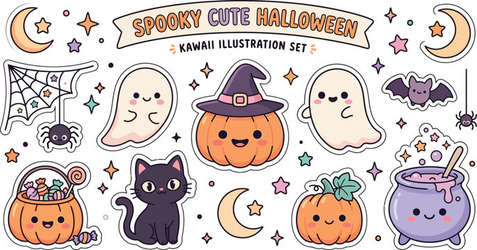 Spooky cute Halloween sticker set with ghosts and pumpkins illustration