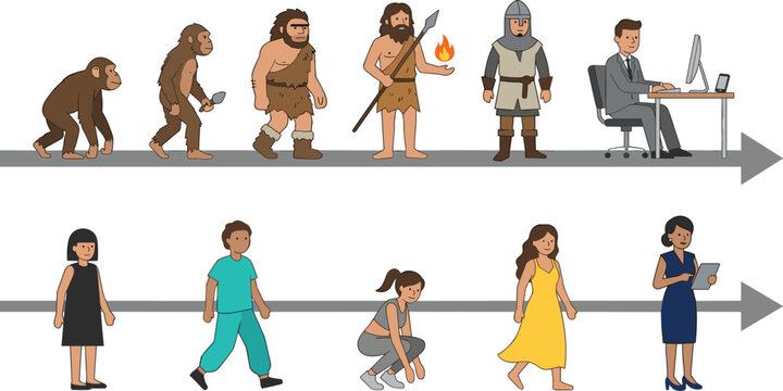 Human Evolution and Modern Society Collection Vector Illustration with Primitive Ancestors, Medieval Warrior, Businessman, and Lifestyle Progress Elements