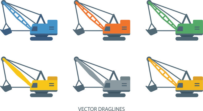 Set of colorful dragline excavators flat vector illustration of heavy construction machinery ideal for industrial design and engineering projects