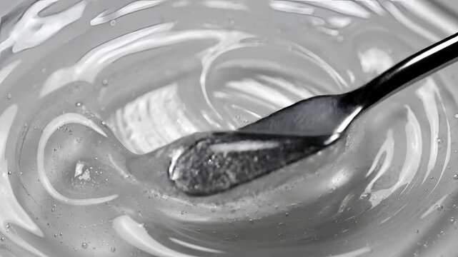 Closeup of a black spatula stirring a clear gellike substance.