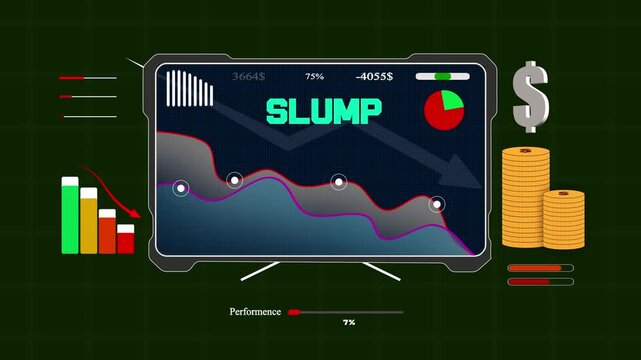 Modern electronic screen displaying successful slump metrics with decreasing charts for investment trading and risk presentations