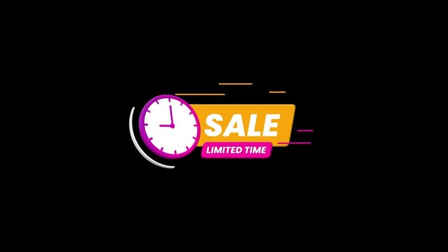 Sale Limited Time Clock Countdown Timer Neon Glow Badge, Urgent Retail Promotion Graphic Overlay on Alpha Channel Transparent Background
