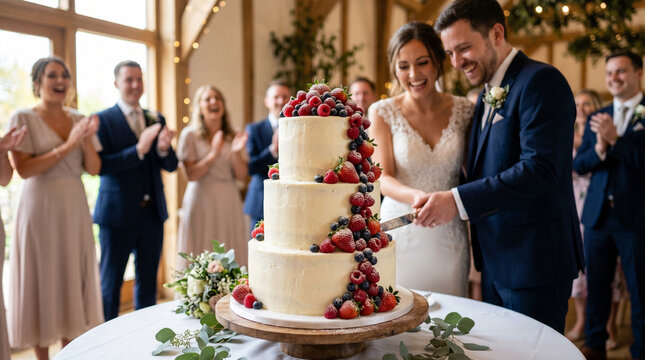 Bride and groom cutting wedding cake decorated with berries at reception  