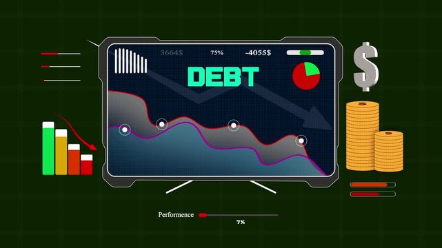 Debt growth animation on a digital display screen showing rising liabilities and negative business performance for strategy projects