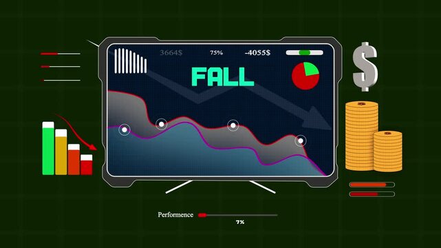 Fall in business market values on a digital monitor showing professional data management tips for corporate annual report projects