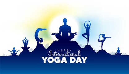 Fototapeta premium Happy International Yoga Day text and background, featuring silhouette vector illustrations of a group of people practicing yoga, body stretches, wellness, and fitness exercise poses.