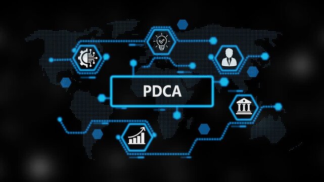 PDCA Return on investment financial growth concept. Business, Technology, Internet and network concept. ,Abstract technology symbols on world background. 4k video