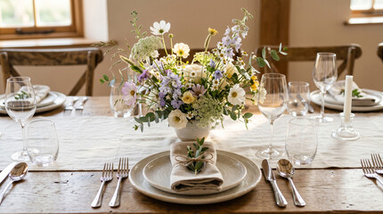 Wedding table setting with wildflowers in rustic venue for summer event   © Марина Попова