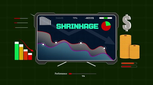 Revenue shrinkage on a digital monitor showing a downward trend in business profit for corporate annual and budget reports