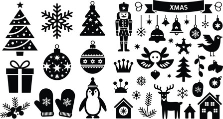 Fototapeta premium Christmas Holiday Silhouette Icon Collection Vector Illustration with Tree, Snowflake, Gift, Reindeer, Penguin, and Festive Winter Design Elements