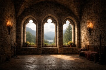 Naklejka premium Interior of a historic castle with three arched windows in a rugged stone wall overlooking distant natural scenery