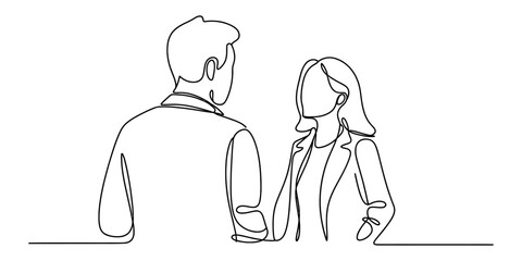 Continuous line drawing of a business man and woman standing and talking to each other during a professional meeting in a modern office space Vector, illustration © RK Drawing Gallery
