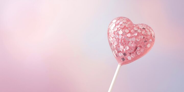 Clean vintage heart lollipop with sparkling sequins floating on a subtle pastel colored background