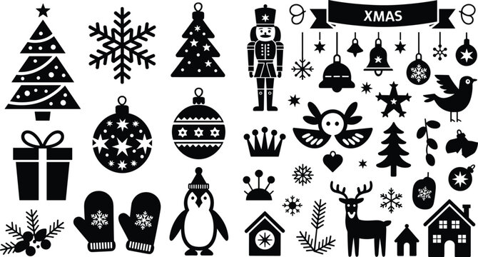 Christmas Holiday Silhouette Icon Collection Vector Illustration with Tree, Snowflake, Gift, Reindeer, Penguin, and Festive Winter Design Elements