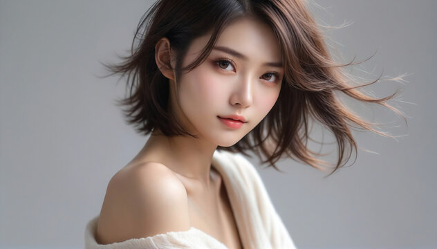 A portrait of a beautiful young woman looking back. Beautiful natural face, beauty image. 
振り返る美しい若い女性のポートレート。美しい素顔、美容イメージ。