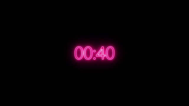 Neon pink color timer counting down from 58 seconds to 0 with bright, glowing effect on black background, full hd footage.