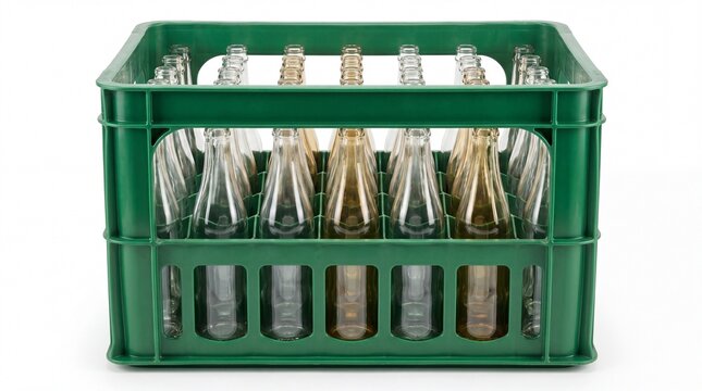 Green plastic crate holding multiple empty glass bottles for recycling and beverage industry on white background