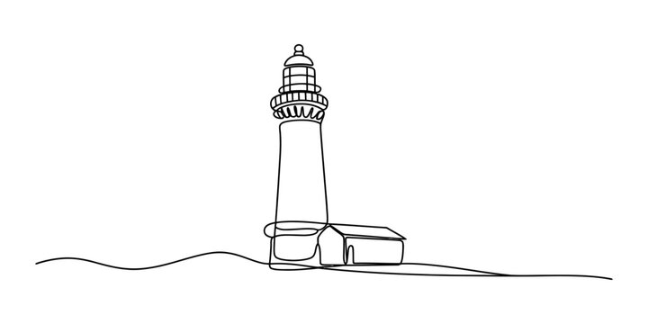 Continuous single line drawing of a tall lighthouse building located on a rocky coastal shoreline in a simple minimalist black and white style Vector, illustration