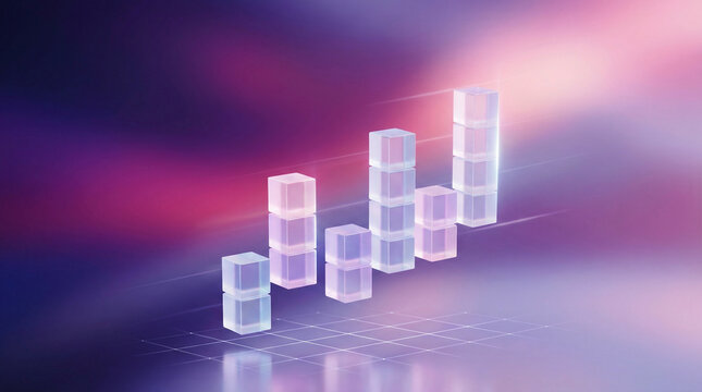 Floating Bar Charts Levitating Data Visualization. 3D bar chart columns floating and levitating at different heights, gradient purple pink background, modern style, no people