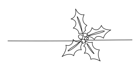 Continuous single line drawing of a christmas holly berry plant with leaves as a simple minimalist festive holiday seasonal decorative element design Vector, illustration © Creative_Outline2019
