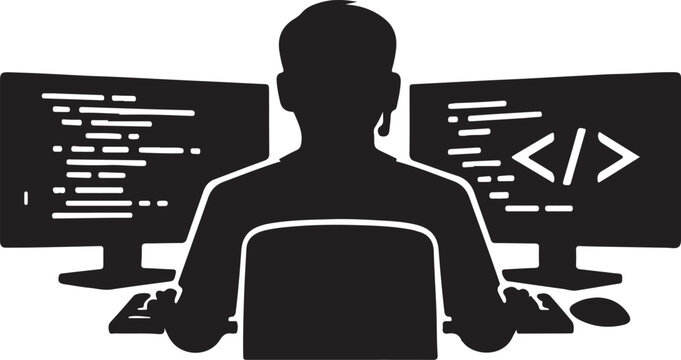 Software Developer Coding on Dual Monitor Computer Setup Vector Illustration

