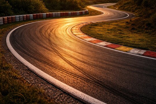 Serpentine asphalt track glowing in gentle evening light with sharp corner and tire impressions