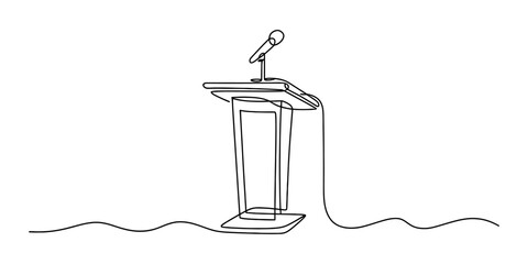 Continuous single line drawing of a speaker podium with a microphone for business presentation and public speaking conferences in minimalist art style Vector, illustration © D-Stocker2026