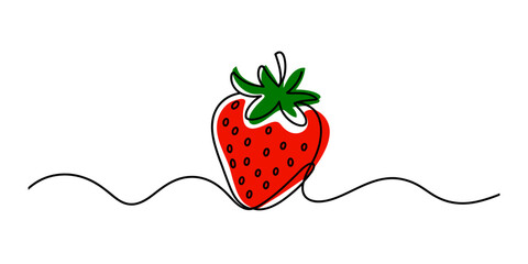 Continuous single line drawing of a fresh red strawberry with green leaves for healthy food and organic fruit concept art design Vector, illustration © D-Stocker2026