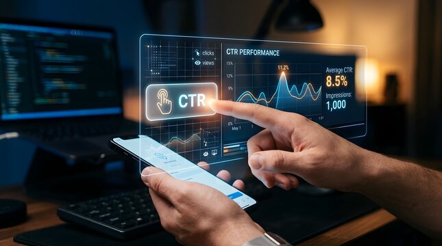 CTR performance dashboard on transparent screen, click-through rate analysis and online advertising metrics concept