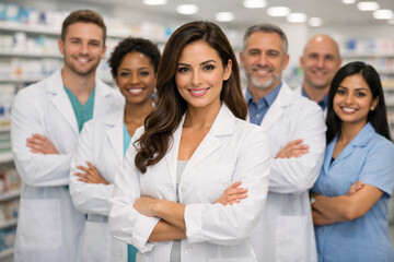 Fototapeta premium Diverse pharmacy team standing in modern pharmacy store. confident female pharmacist in front, pharmacy assistants healthcare staff, medical retail environment, professional healthcare group portrait