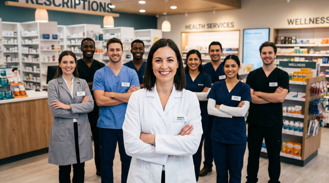 Diverse pharmacy team standing in modern pharmacy store. confident female pharmacist in front, pharmacy assistants healthcare staff, medical retail environment, professional healthcare group portrait